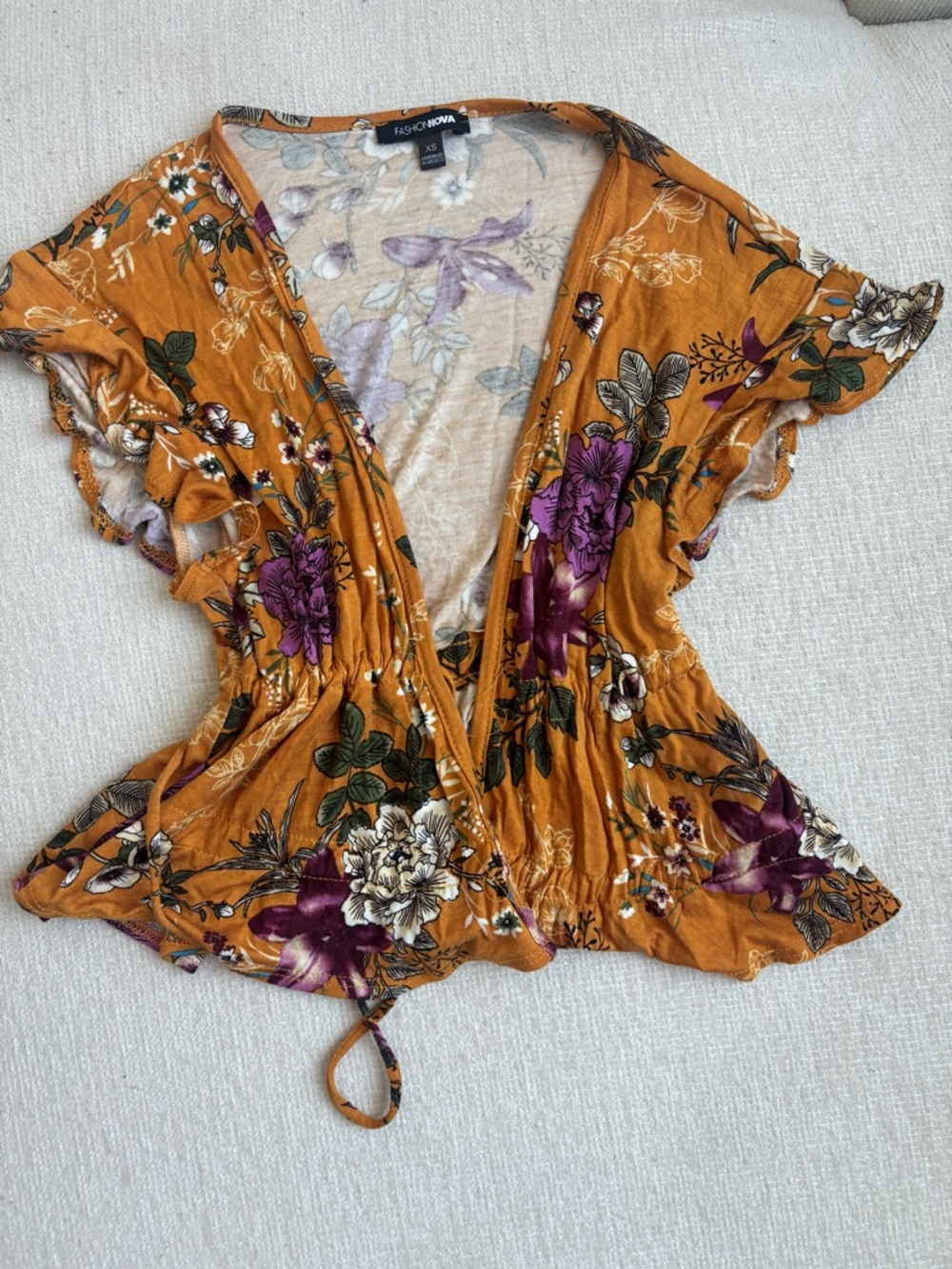 Fashion Nova Mustard Floral Tie-Front Blouse